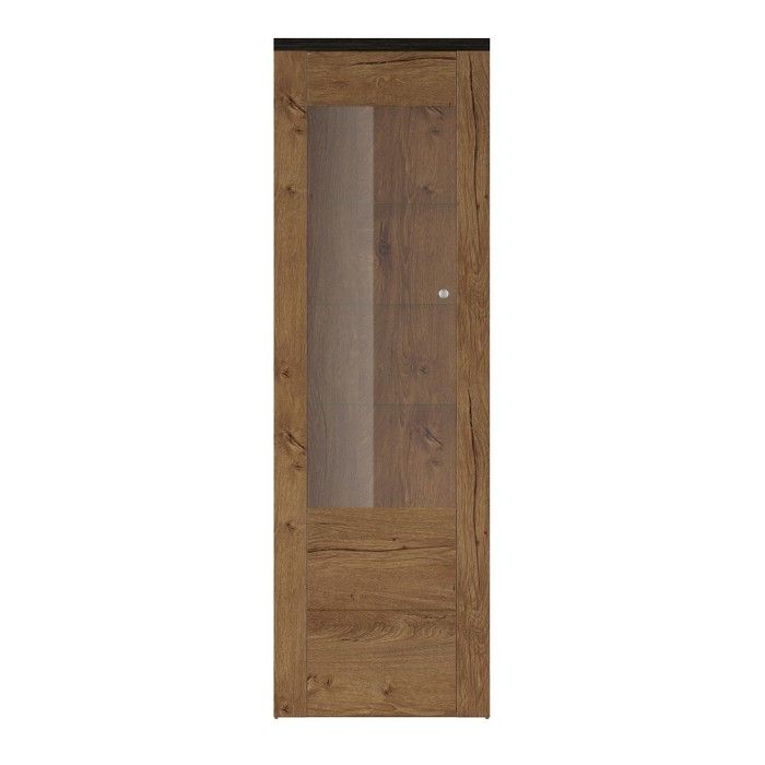 Vitrine haute design 1 porte avec éclairage LED collection SANTIAGO. Coloris chêne et noir effet bois.