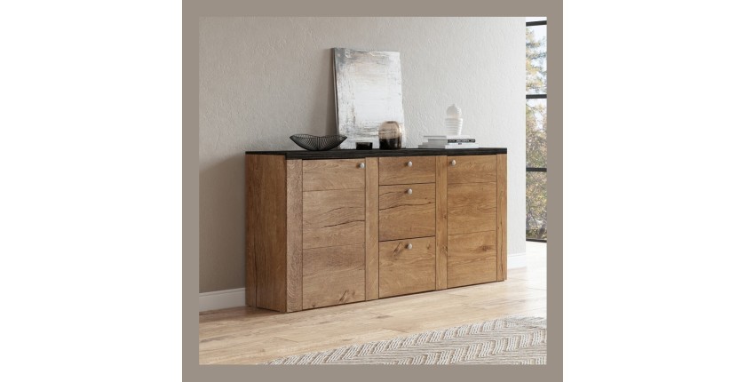 Buffet design 175cm pour salon couleur chêne et noir effet bois collection SANTIAGO.