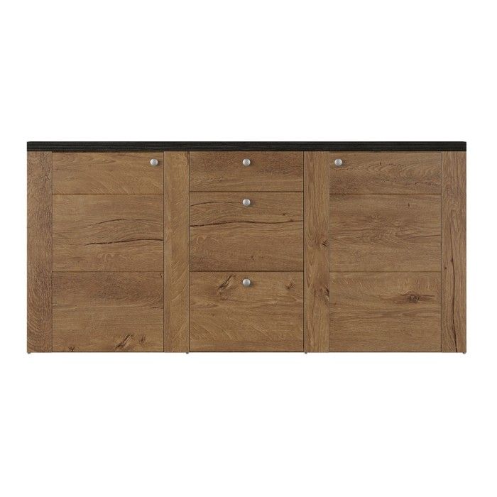 Buffet design 175cm pour salon couleur chêne et noir effet bois collection SANTIAGO.