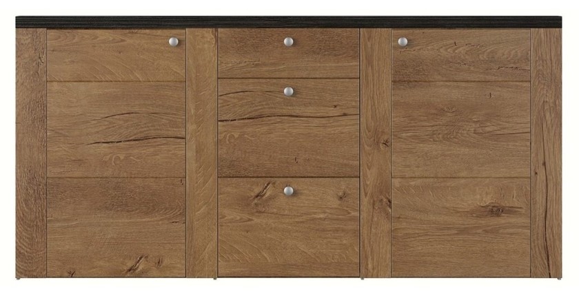 Buffet design 175cm pour salon couleur chêne et noir effet bois collection SANTIAGO.