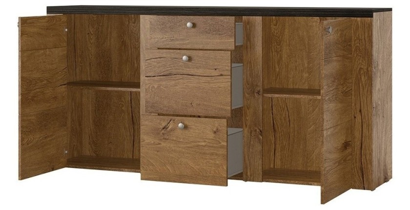 Buffet design 175cm pour salon couleur chêne et noir effet bois collection SANTIAGO.