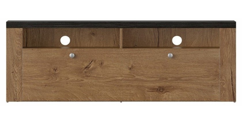 Meuble TV 140cm collection SANTIAGO. Couleur chêne et noir effet bois. 1 Porte