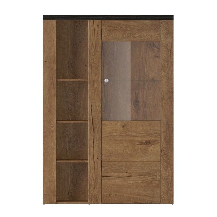 Buffet haut design 1 porte pour salon couleur chêne et noir effet bois. collection SANTIAGO.