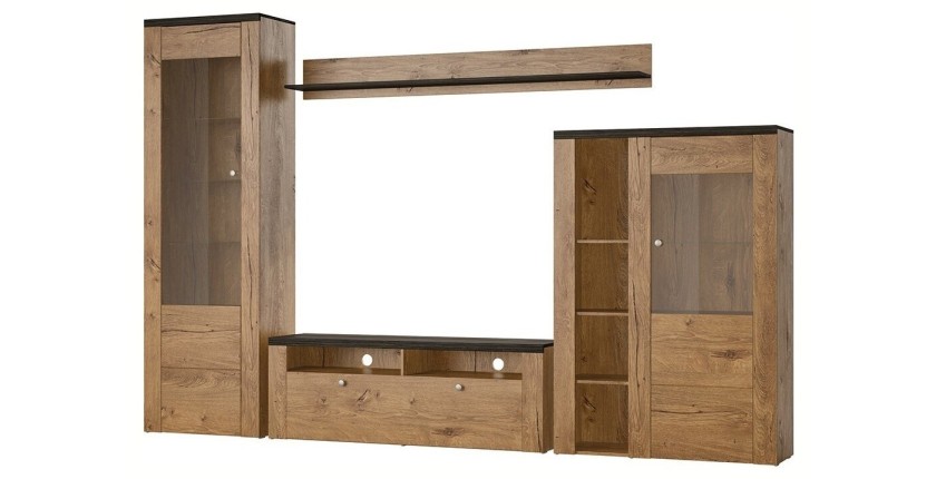 Ensemble de 4 meubles de salon collection SANTIAGO. Coloris chêne et noir effet bois.