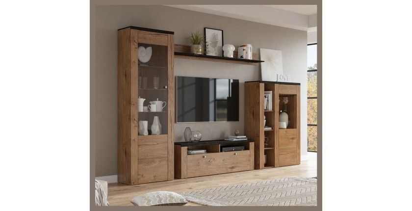 Ensemble de 4 meubles de salon collection SANTIAGO. Coloris chêne et noir effet bois.