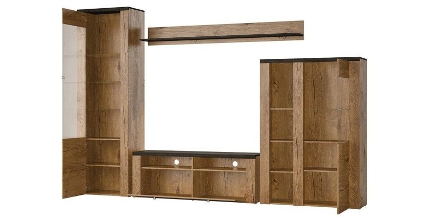 Ensemble de 4 meubles de salon collection SANTIAGO. Coloris chêne et noir effet bois.
