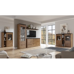Ensemble de 5 meubles de salon collection SANTIAGO. Coloris chêne et noir effet bois.