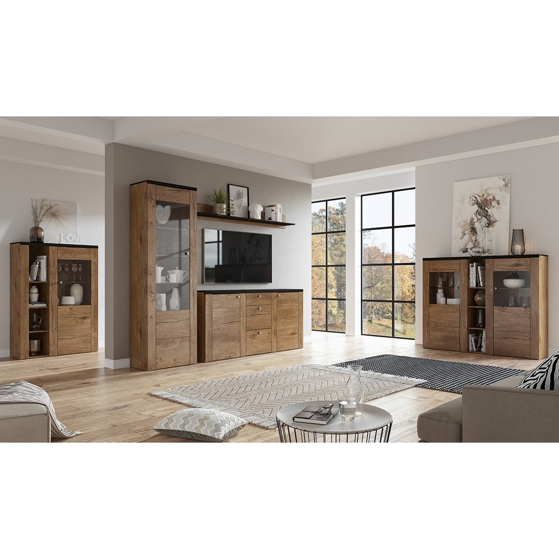 Ensemble de 5 meubles de salon collection SANTIAGO. Coloris chêne et noir effet bois.