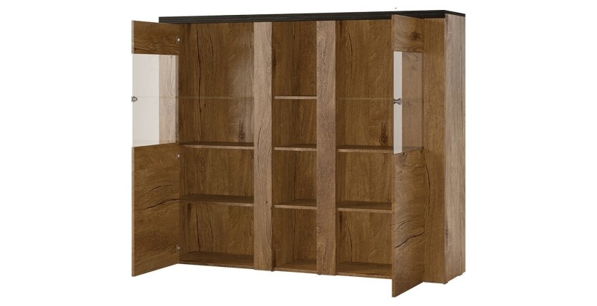 Ensemble de 5 meubles de salon collection SANTIAGO. Coloris chêne et noir effet bois.