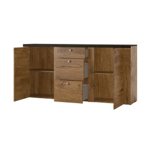 Ensemble de 5 meubles de salon collection SANTIAGO. Coloris chêne et noir effet bois.