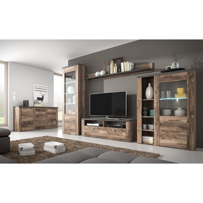 Vitrine haute design 1 porte avec éclairage LED collection SANTIAGO. Coloris noyer et noir effet bois.