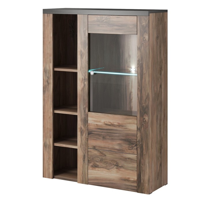 Buffet haut design 1 porte pour salon couleur noyer et noir effet bois. collection SANTIAGO.