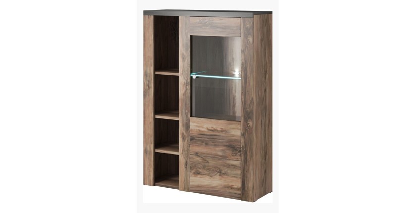 Buffet haut design 1 porte pour salon couleur noyer et noir effet bois. collection SANTIAGO.
