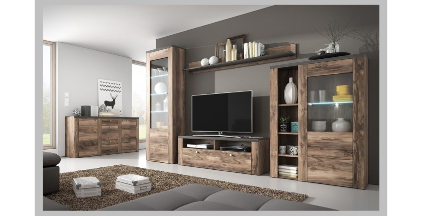 Buffet haut design 1 porte pour salon couleur noyer et noir effet bois. collection SANTIAGO.