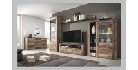 Ensemble de 5 meubles de salon collection SANTIAGO. Coloris noyer et noir effet bois.