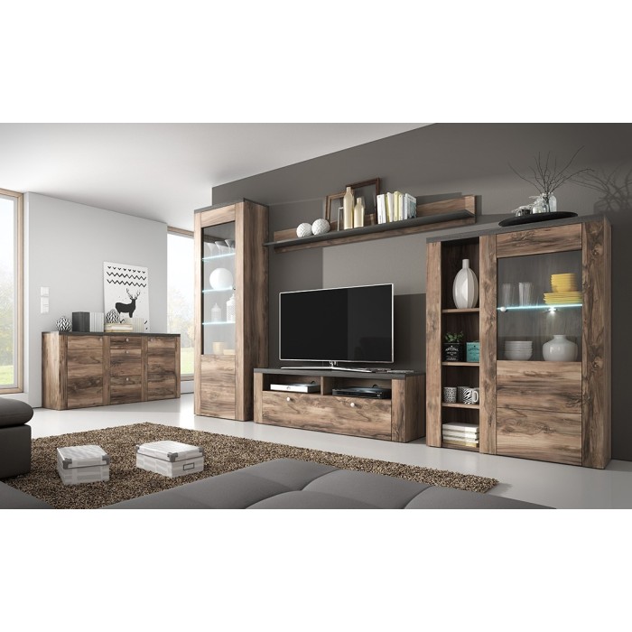 Ensemble de 5 meubles de salon collection SANTIAGO. Coloris noyer et noir effet bois.