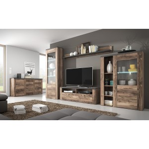 Ensemble de 5 meubles de salon collection SANTIAGO. Coloris noyer et noir effet bois.