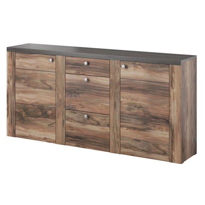 Ensemble de 5 meubles de salon collection SANTIAGO. Coloris noyer et noir effet bois.