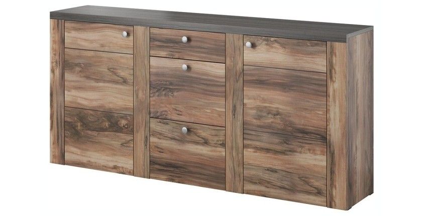 Ensemble de 5 meubles de salon collection SANTIAGO. Coloris noyer et noir effet bois.
