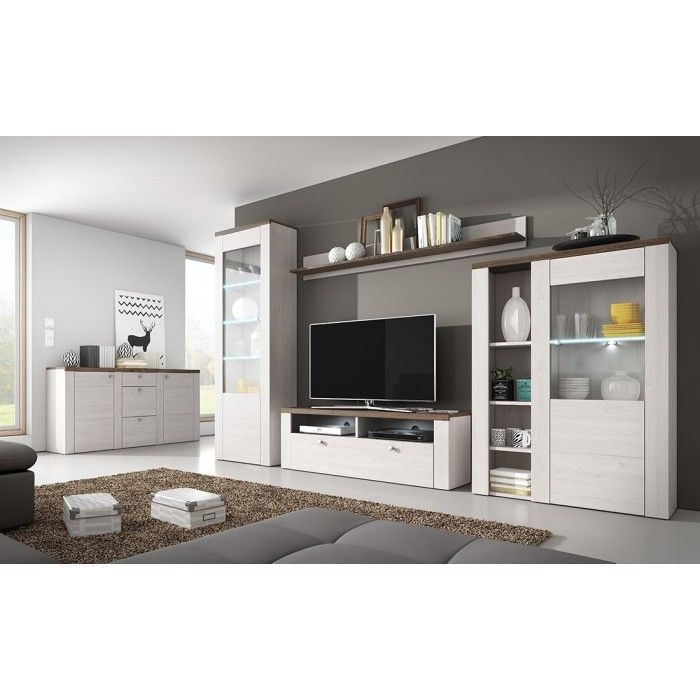 Vitrine haute design 1 porte avec éclairage LED collection SANTIAGO. Coloris blanc effet bois et chêne.