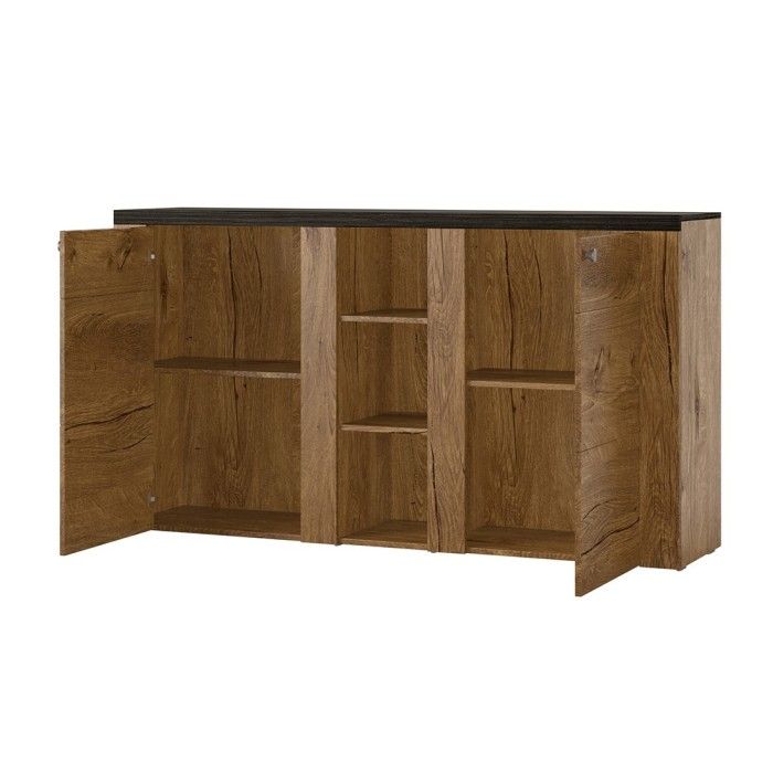 Buffet design 155cm pour salon couleur blanc effet bois et chêne collection SANTIAGO.
