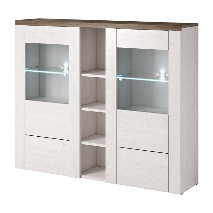 Vaisselier design 2 portes pour salon couleur blanc effet bois et chêne. Collection SANTIAGO.