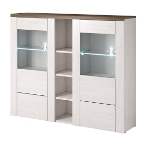Vaisselier design 2 portes pour salon couleur blanc effet bois et chêne. Collection SANTIAGO.
