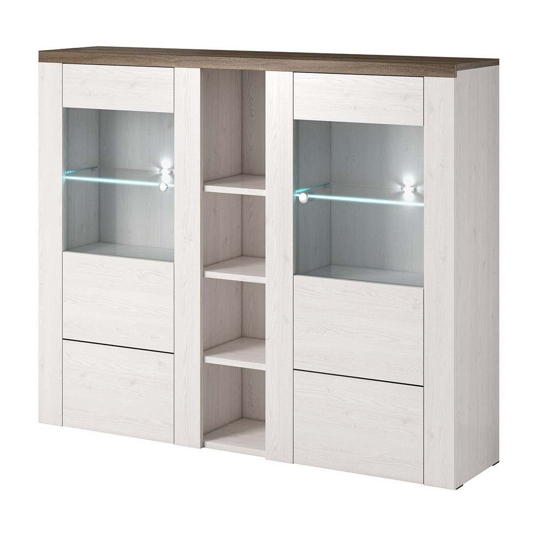 Vaisselier design 2 portes pour salon couleur blanc effet bois et chêne. Collection SANTIAGO.