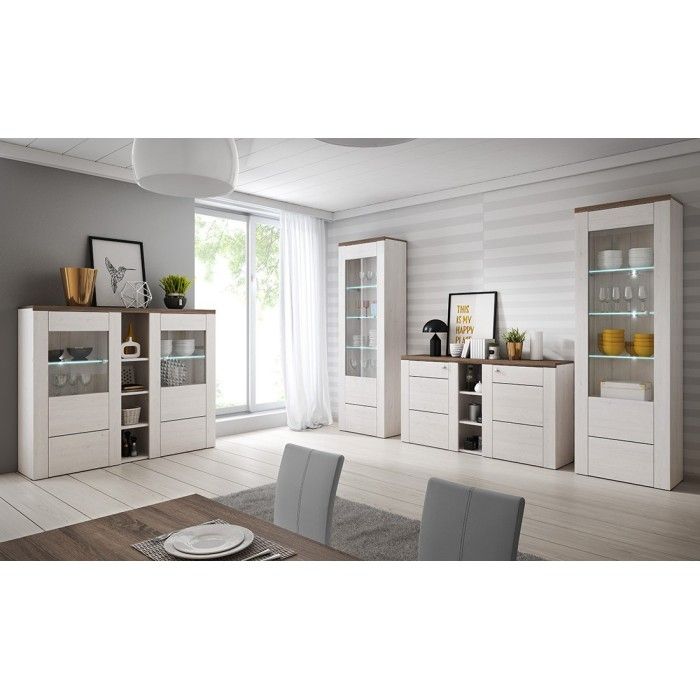 Vaisselier design 2 portes pour salon couleur blanc effet bois et chêne. Collection SANTIAGO.