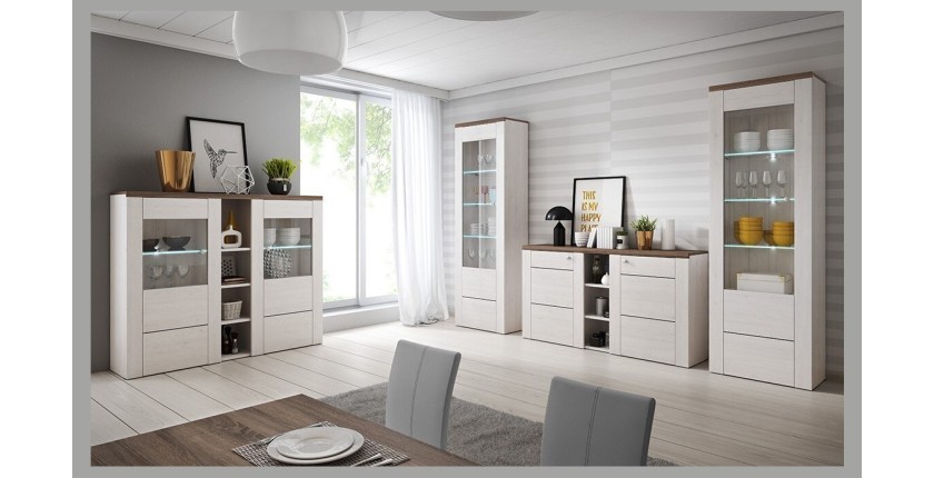 Vaisselier design 2 portes pour salon couleur blanc effet bois et chêne. Collection SANTIAGO.