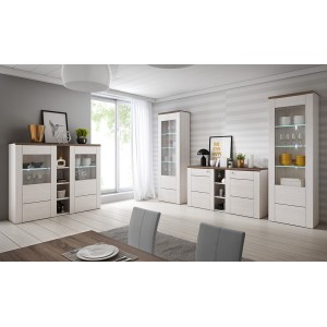 Ensemble de 4 meubles de salon collection SANTIAGO. Coloris blanc effet bois et chêne.