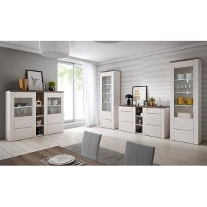 Ensemble de 4 meubles de salon collection SANTIAGO. Coloris blanc effet bois et chêne.