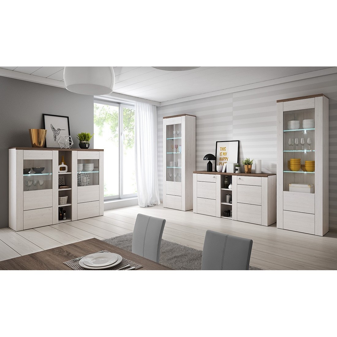 Ensemble de 4 meubles de salon collection SANTIAGO. Coloris blanc effet bois et chêne.