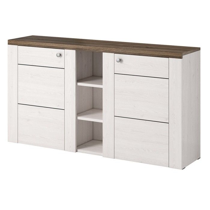 Ensemble de 4 meubles de salon collection SANTIAGO. Coloris blanc effet bois et chêne.