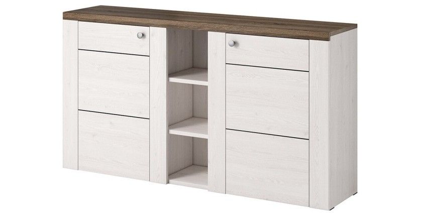 Ensemble de 4 meubles de salon collection SANTIAGO. Coloris blanc effet bois et chêne.
