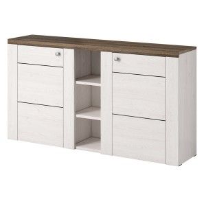 Ensemble de 4 meubles de salon collection SANTIAGO. Coloris blanc effet bois et chêne.