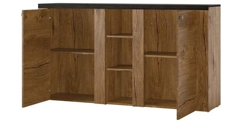Ensemble de 4 meubles de salon collection SANTIAGO. Coloris blanc effet bois et chêne.