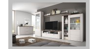 Ensemble de 5 meubles de salon collection SANTIAGO. Coloris blanc effet bois et chêne.