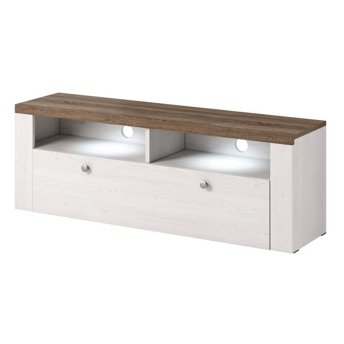 Ensemble de 5 meubles de salon collection SANTIAGO. Coloris blanc effet bois et chêne.