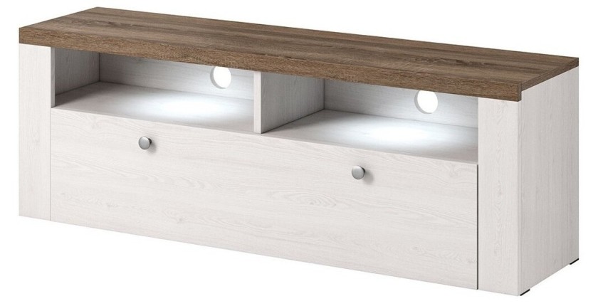 Ensemble de 5 meubles de salon collection SANTIAGO. Coloris blanc effet bois et chêne.