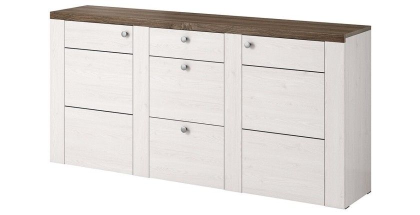 Ensemble de 5 meubles de salon collection SANTIAGO. Coloris blanc effet bois et chêne.