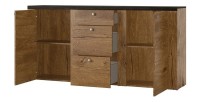 Ensemble de 5 meubles de salon collection SANTIAGO. Coloris blanc effet bois et chêne.