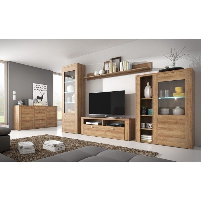 Vitrine haute design 1 porte avec éclairage LED collection SANTIAGO. Coloris chêne.