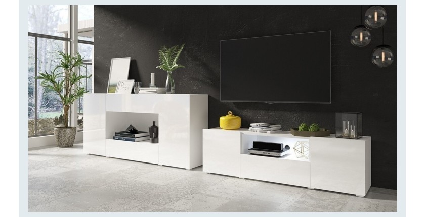 Buffet XL design 180cm pour salon couleur blanc brillant collection PAROS.