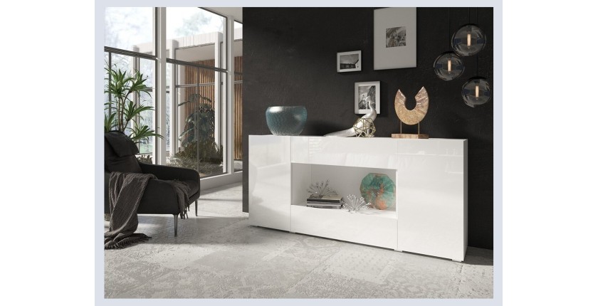 Buffet XL design 180cm pour salon couleur blanc brillant collection PAROS.
