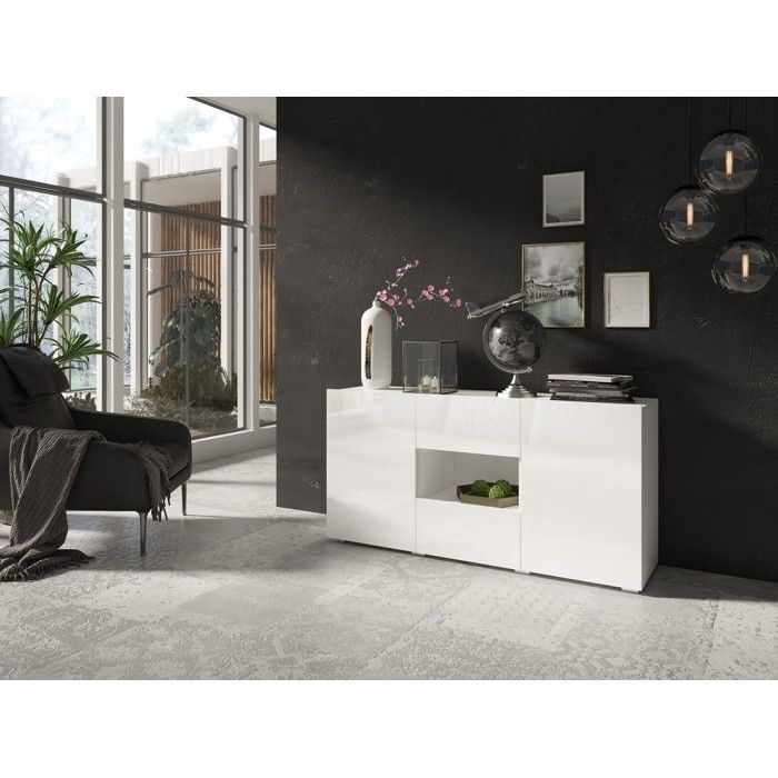 Buffet design 140cm pour salon couleur blanc brillant collection PAROS.