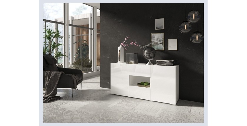 Buffet design 140cm pour salon couleur blanc brillant collection PAROS.