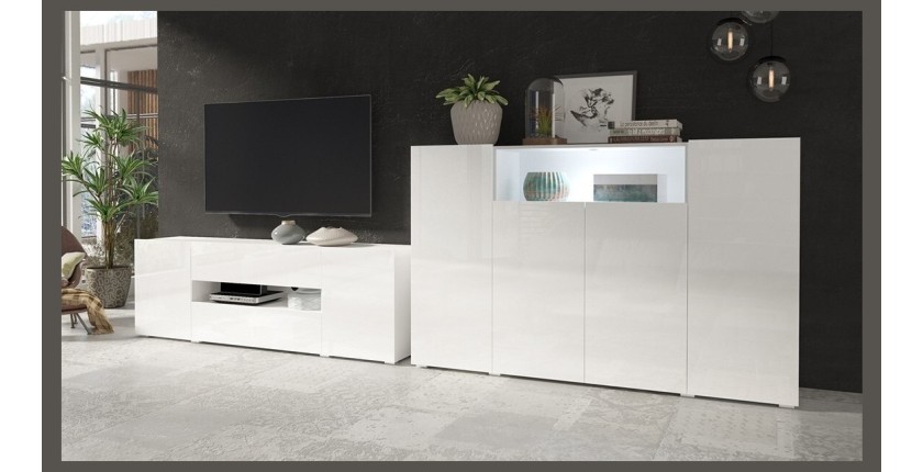 Meuble TV 180cm collection PAROS. Couleur blanc brillant.