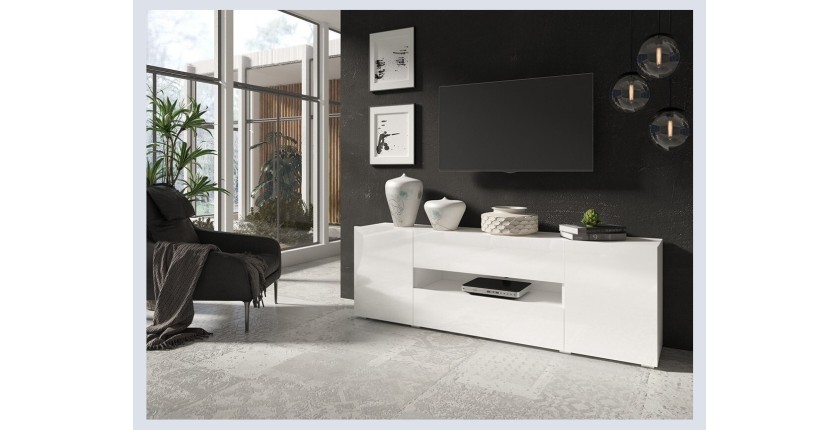 Meuble TV 180cm collection PAROS. Couleur blanc brillant.