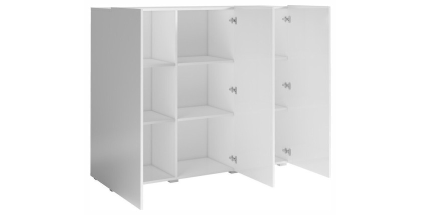 Buffet haut design 135cm avec 3 portes pour salon couleur blanc brillant collection PAROS.